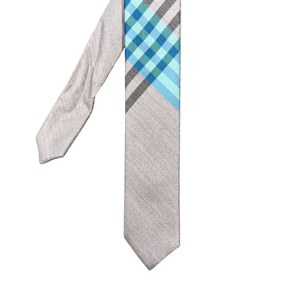 Express Grey Plaid Silk Blend Necktie Mens OS Slim Textured Blue Teal Geometric